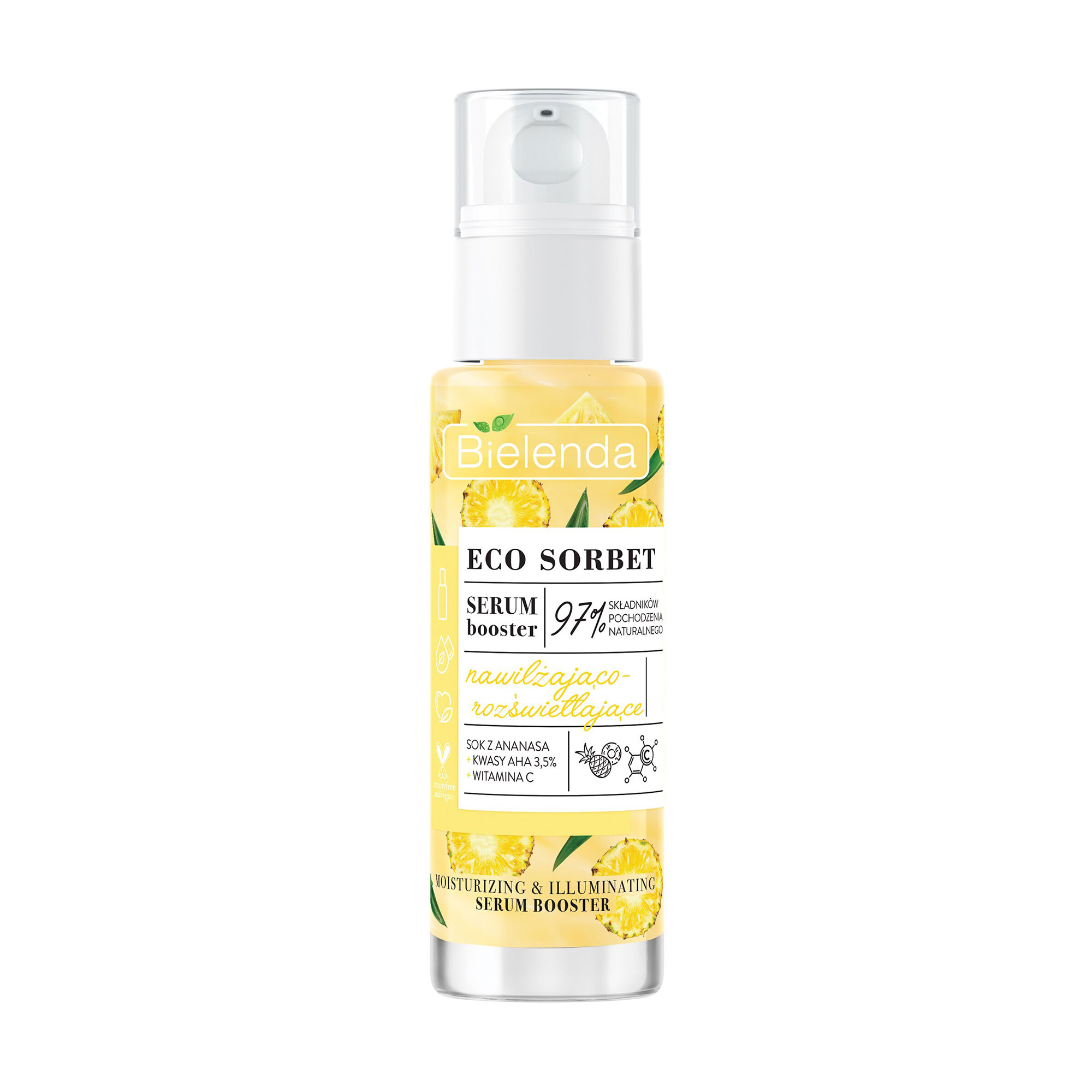 Зволожувальна та освітлювальна сироватка-бустер для обличчя Bielenda Eco Sorbet Moisturizing &amp; Brightening Serum Booster з екстрактом ананасу, 30 мл